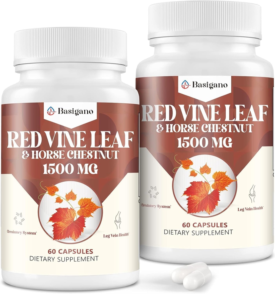 Red Vine Leaf & Horse Chestnut Extract Capsule Συμπληρώματα (Vitis Vinifera) 1500mg - Εκχύλισμα Premium για Υγιείς Βδέλες, Κυκλοφορία, Καρδιά, Δέρμα (2 Συσκευασία)