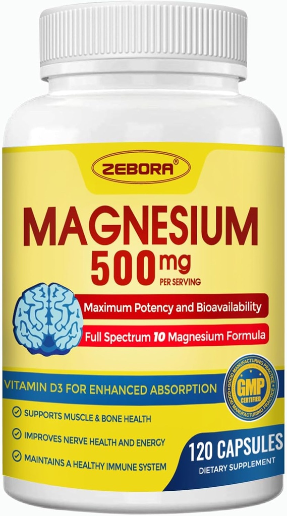 Magnesium Complex Supplement, 500mg of Magnesium Glycinate with Citrate & Malate, Chelated Form for High Absorption with Zinc & Vitamin D3 for Nerve, Muscle & Bone Support, 115 Capsules