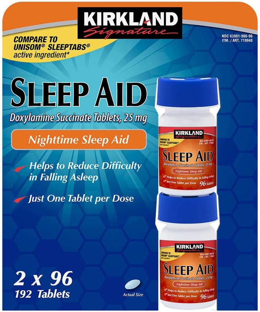 Cos7 Kirkland Υπογραφή Doxylamine Ηλεκτρικά Δισκία, 25mg Nighttime Sleep AID - 2 X 96 Tablets (192 Tablets Σύνολο)