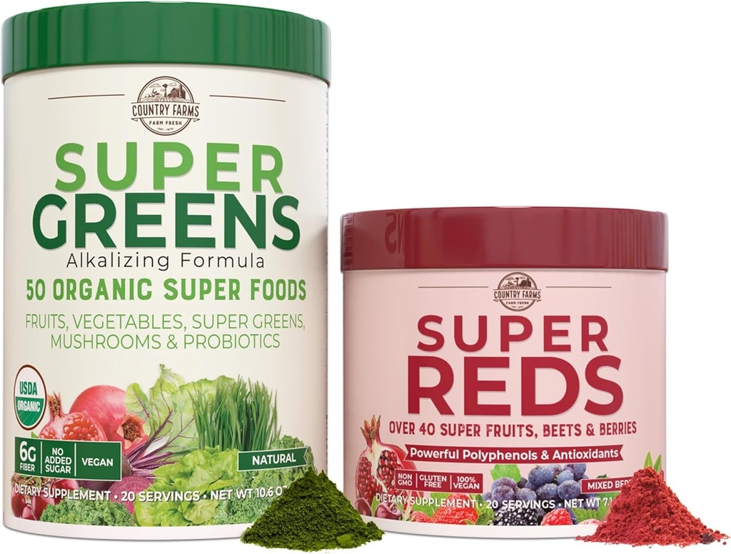 ΧΩΡΑ FARMS Essential Pack, Super Greens Powder και Super Reds, Packed with 50 Organic Super Foods and 40 Super Fruits, Natural Energy, Bloating Support, Unflaved & Berry Flavor, 17,7 oz, 2 Pack