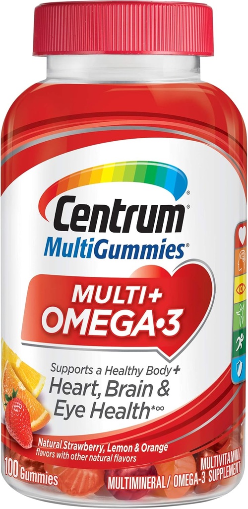 Centrum MultiGummy Omega 3 Gummy Πολυβιταμίνη για Ενήλικες, Πολυβιταμίνη/Πολλαμινικό Συμπλήρωμα, Φράουλα/Λεμόνι/Γεύσεις πορτοκαλιού - 100 Count