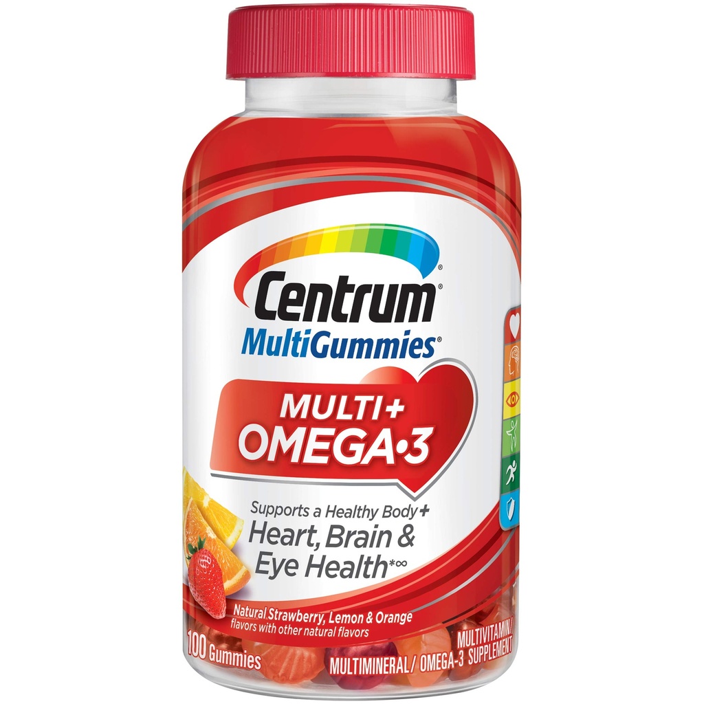 Centrum MultiGummy Omega 3 Gummy Πολυβιταμίνη για Ενήλικες, Πολυβιταμίνη/Πολλαμινικό Συμπλήρωμα, Φράουλα/Λεμόνι/Γεύσεις πορτοκαλιού - 100 Count