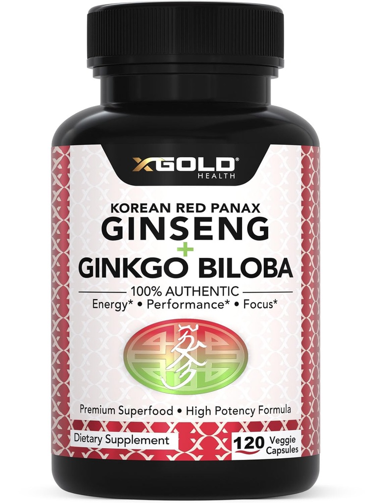 Αυθεντικό Korean Red Panax Ginseng 1200mg + Ginkgo Biloba 160mg – Υψηλή Ginsenosides Επιπλέον δύναμη – Ενέργεια, Μνήμη, Εστίαση & Εγκεφαλική Υγεία – Κάψουλες Vegan για άνδρες και γυναίκες – 120 Count