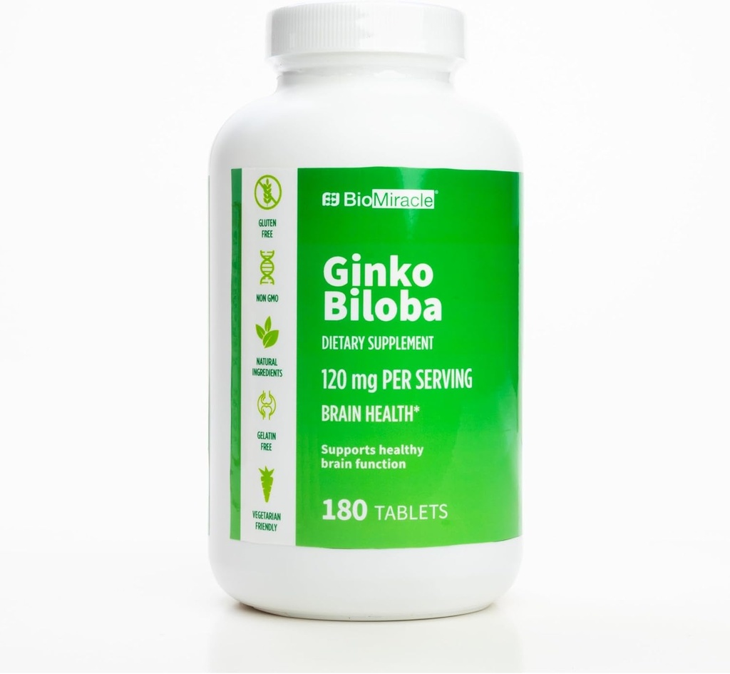 BioMiracle Ginkgo Biloba Συμπλήρωμα διατροφής 120 mg ανά υπηρεσία, Εγκεφαλική υγεία, υποστηρίζει υγιή εγκεφαλική λειτουργία 180 κάψουλες