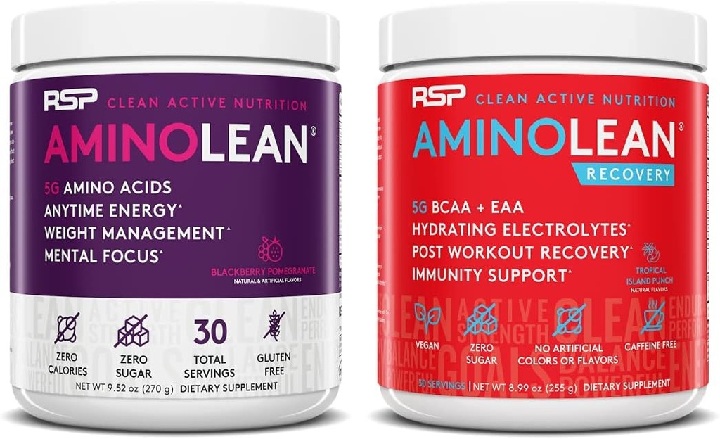 RSP NUTRITION AminoLean Pre Processing Energy (BlackBerry Ρόδι 30 Υπηρεσίες) με AminoLean Recovery Post Workout Boost (Tropical Island Punch 30 Services)