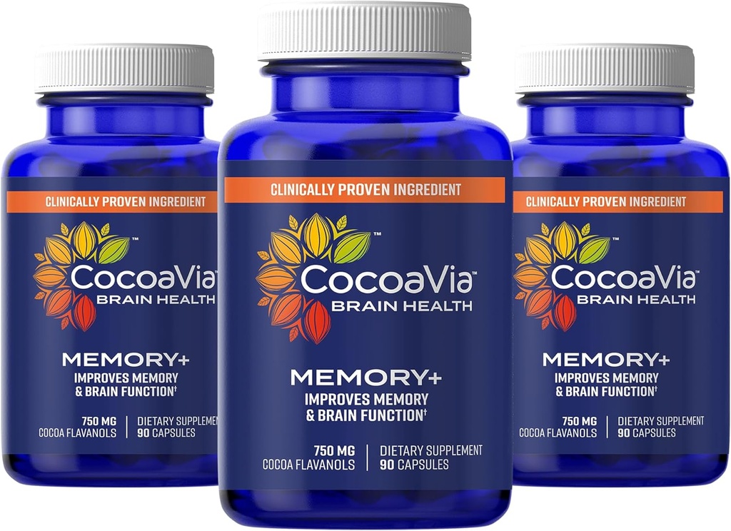 CocoaVia Memory+ Brain Supplement, 90 Day, 750 mg Cocoa Flavanols, Memory & Brain Booster, Vegan, Plant Based, Gluten Free, 270 κάψουλες