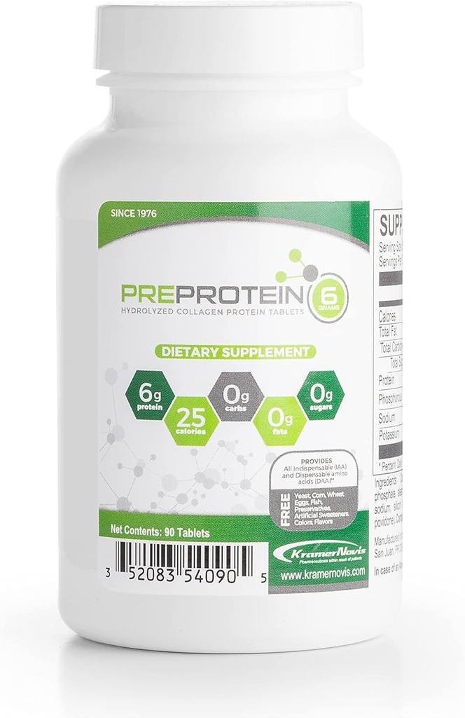PreProtein® Μη αρωματισμένα Υδρολυμένα Πρωτεΐνες Κολλαγόνου Ζάχαρη-free χωρίς λιπαρά, δισκία πρωτεϊνών αμινοξέων, που χρησιμοποιούνται από Συστήματα Υγείας, 90 δισκία