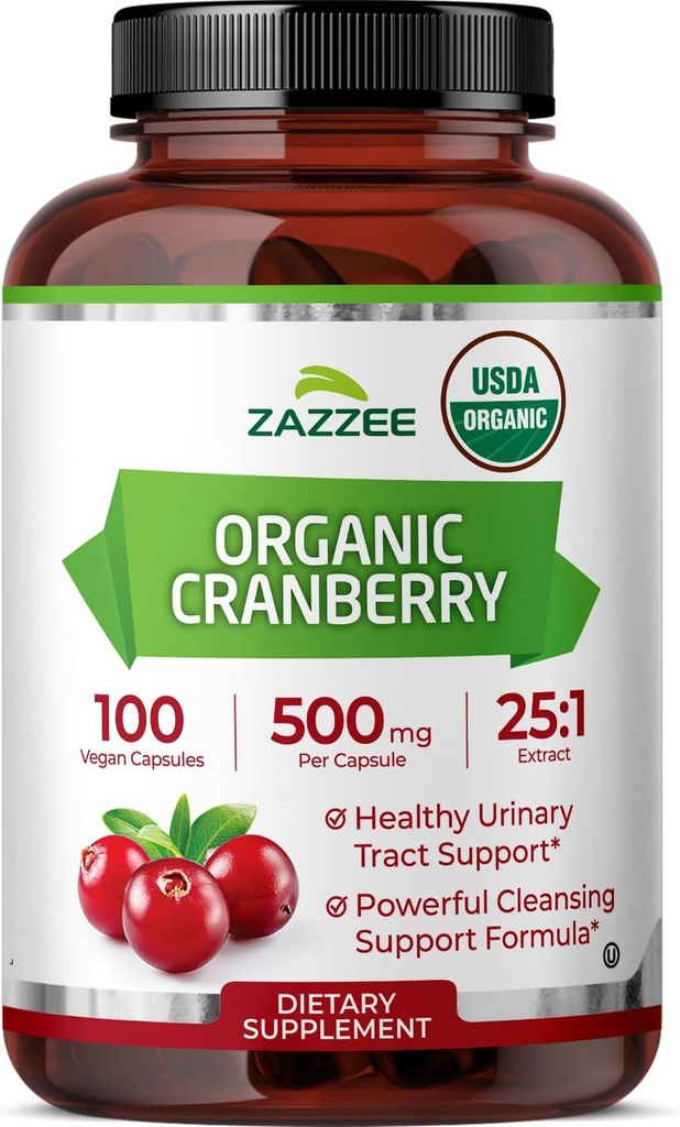 Zazzee USDA Organic Cranberry 25:1 Extract, 500 mg per Capsule, 100 Vegan Capsules, Over 3 Month Supply, Standardized, Concentrated 25X Extract, 100% Vegetarian, Certified Organic, Non-GMO All-Natural