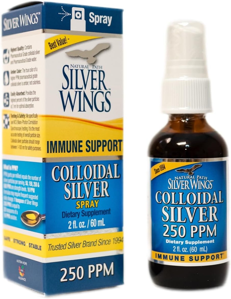Natural Path Silver Wings Colloidal Silver Liquid - Enhanced Immune Support Supplement - 250ppm (1250mcg) - 2oz Spray