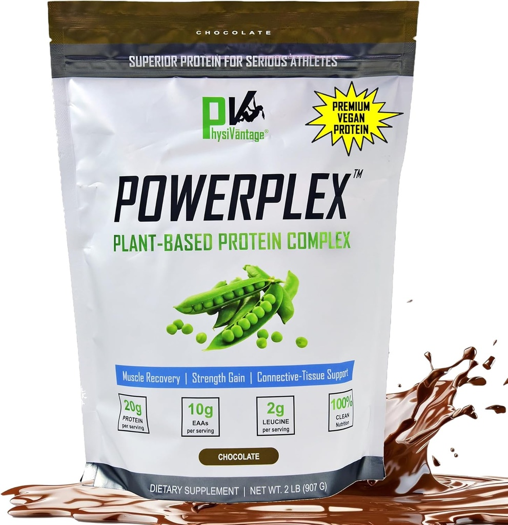 PhysiVantage POWERPLEX Vegan Protein Powder, Collagen Alternative - Βιολογικές Pea & Ρύζι Πρωτεΐνη, Γαλακτο-ελεύθερο, Μη-GMO, Υποστηρίζει τους μυς & την αποκατάσταση των αρθρώσεων, Καρποί μοναχών Γλυκασμένα 2 lb (Chocolate)
