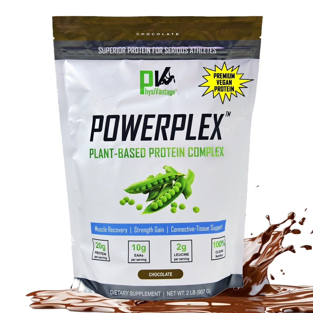 PhysiVantage POWERPLEX Vegan Protein Powder, Collagen Alternative - Βιολογικές Pea & Ρύζι Πρωτεΐνη, Γαλακτο-ελεύθερο, Μη-GMO, Υποστηρίζει τους μυς & την αποκατάσταση των αρθρώσεων, Καρποί μοναχών Γλυκασμένα 2 lb (Chocolate)