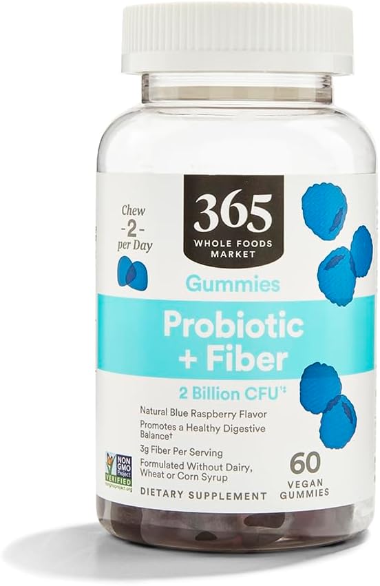 365 από Whole Foods Market, Probiotic + Fiber Gummies 2 Δισεκατομμύρια CFU, Natural Blue Raspberry Flavor, 60 ct