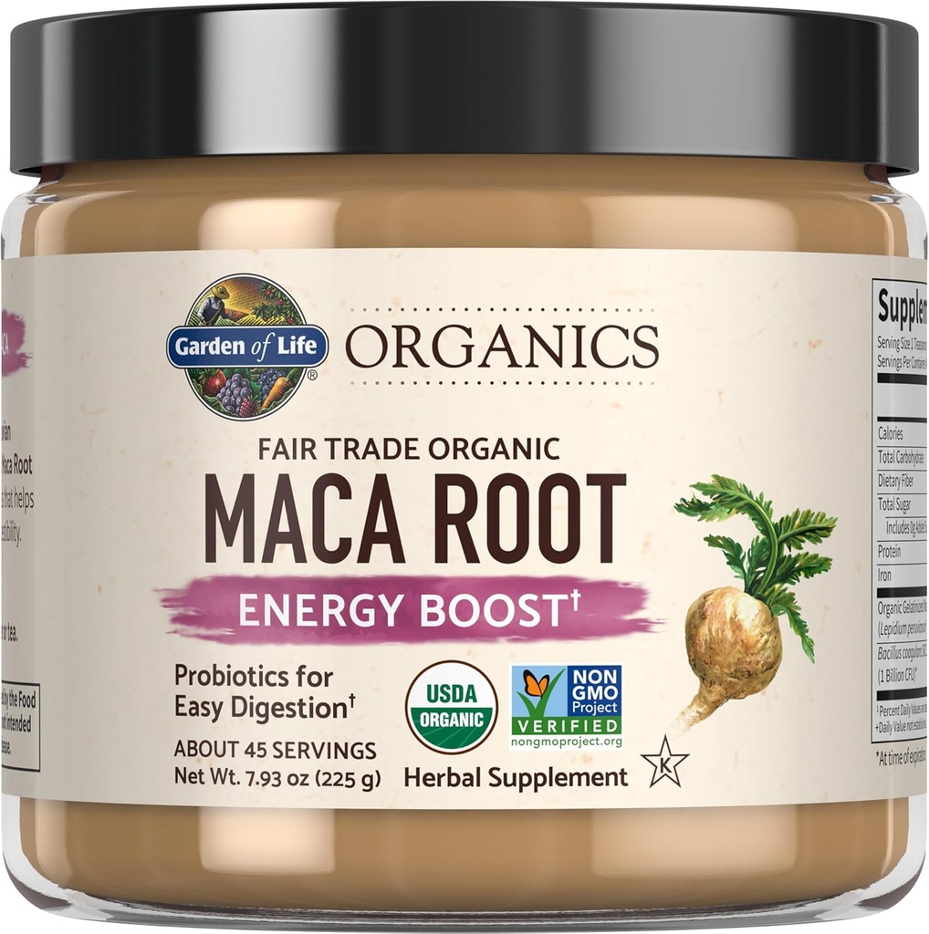 Garden of Life Organics Fair Trade Ζελατινοποιημένο Περουβιανό Maca Root Energy Boost 7.93 oz (225g) Σκόνη με προβιοτικά, Πιστοποιημένα Βιολογικά, Μη-ΓΤΟ, Vegan & Γλουτένη χωρίς φυτικά συμπληρώματα