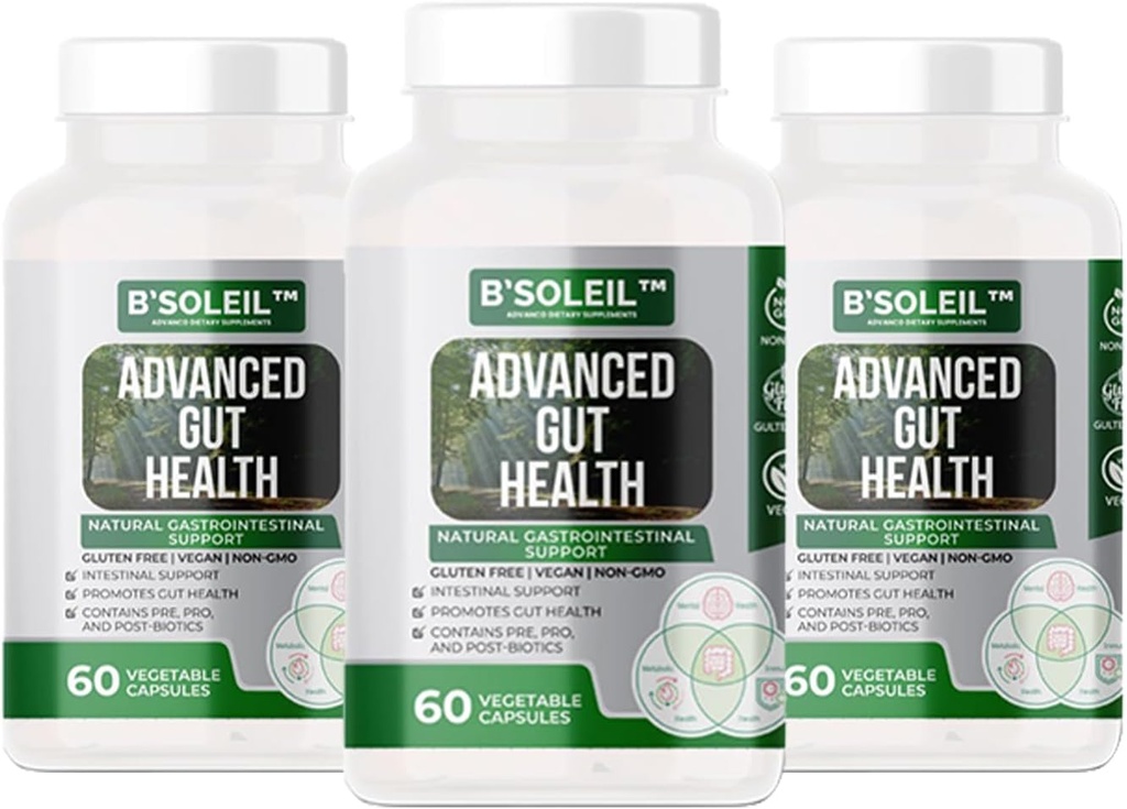 B’SoleilTM Pack των 3 Advanced Gut Health Probiotics - Pre, Pro & Post Biotics - Φυσική Γαστρεντερική Υποστήριξη - Χωρίς γλουτένη, Vegan & Non-GMO - 25 δισεκατομμύρια CFU - 60 κάψουλες σε κάθε συσκευασία