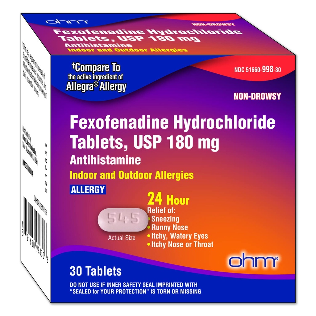 Ohm Μη- Νυχθηρή Fexofenadine Αντιισταμινικό Εσωτερική Εξωτερική Αλλεργία Ανακουφιστικό δισκία 30ct