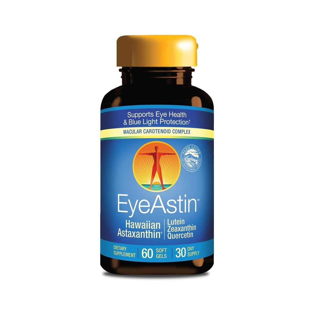 EyeAstin, BioAstin Χαβάης Ασταξανθίνη με Lutein & Zeaxanthin, Υποστηρίζει την υγεία των ματιών Φυσικά, 60 κόμης