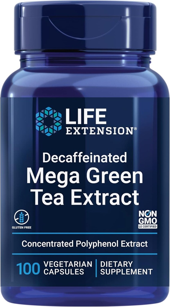 Life Extension Decaffeinated Mega Green Tea Extract – Πολυφαινόλη-Δύναμη, Υγεία των κυττάρων, Υγεία της καρδιάς, Υγεία του εγκεφάλου, Αντιοξειδωτική Προστασία – Μη ΓΤΟ, Χωρίς γλουτένη, Χορτοφαγικά – 100 Κάψουλες