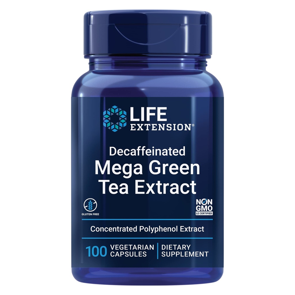 Life Extension Decaffeinated Mega Green Tea Extract – Πολυφαινόλη-Δύναμη, Υγεία των κυττάρων, Υγεία της καρδιάς, Υγεία του εγκεφάλου, Αντιοξειδωτική Προστασία – Μη ΓΤΟ, Χωρίς γλουτένη, Χορτοφαγικά – 100 Κάψουλες