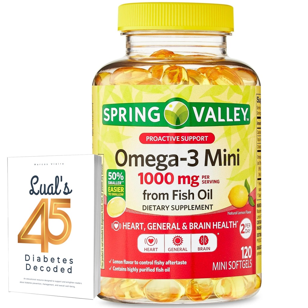 Spring Valley Omega-3 Mini from Fish Oil 1000 mg, 120 Count, Dietary Supplement, Omega 3 Mini Softgels Bundle with Luall's 45 Diabetes Decoded