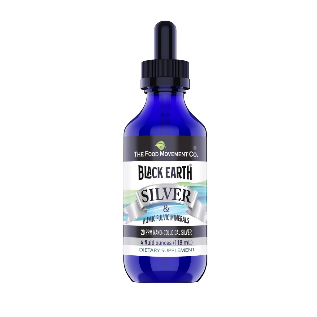 The Food Movement Co. Black Earth Silver 20ppm 4 oz Dropper - Vegan Colloyal Silver Liquid with Humic and Fulvic Acids and Trace Minerals for Digestion, Immune Support, and Whole Body Health