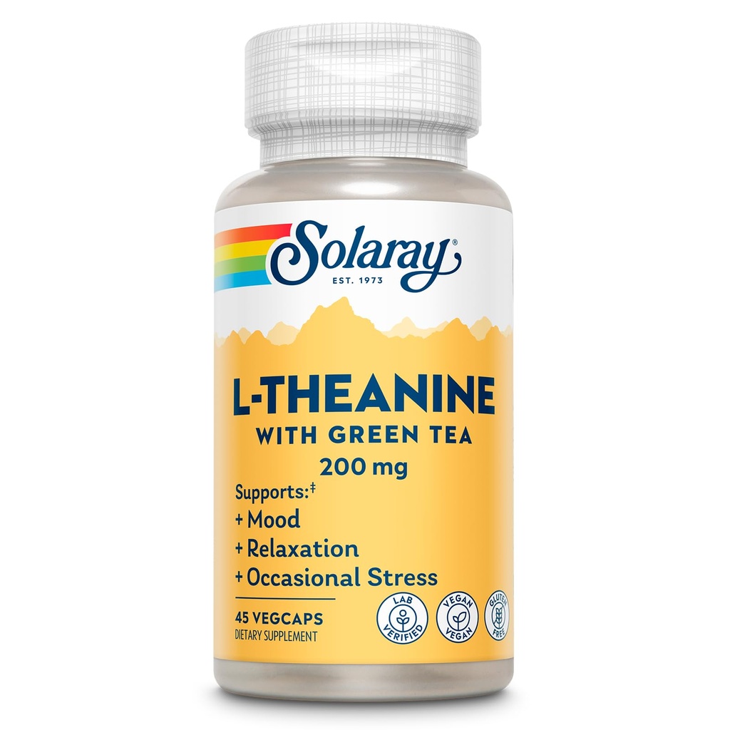 SOLARAY L-Theanine 200mg with Green Tea - Healthy Mood, Relaxation and Occasional Stress Support - Lab Verified, Vegan, Gluten Free - 45 Servings, 45 VegCaps