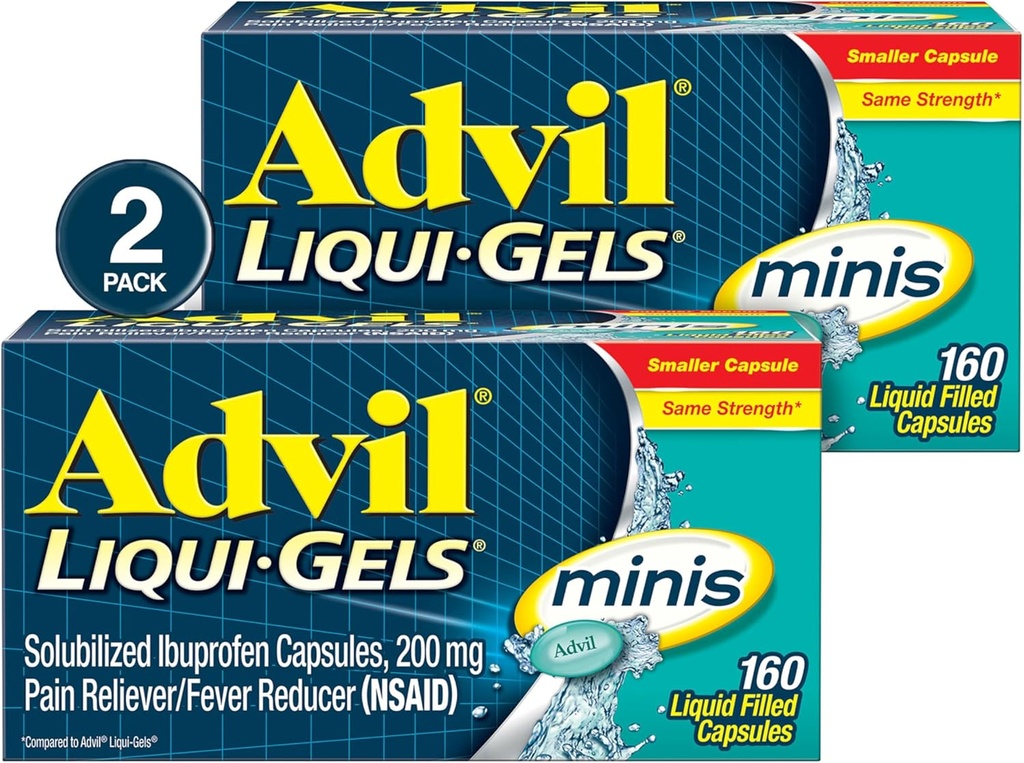 Advil Liqui-Gels minis Pain Reliever and Fever Reducer, Pain Medicine for Adults with Ibuprofen 200mg for Pain Relief - 2x160 Liquid Filled Capsles