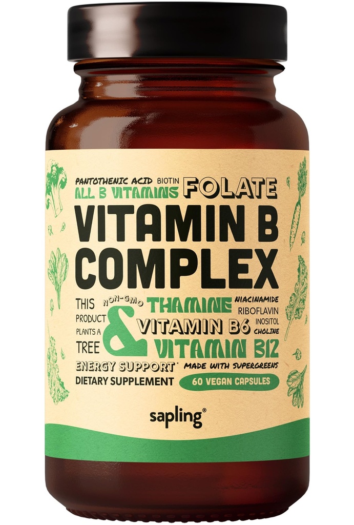 σύμπλοκο Vegan Vitamin B Complex - Ολόκληρη ανάμειξη τροφίμων με τις βασικές βιταμίνες B1, B2, B3, B5, B6, B7, Folate, B12-60 Caps