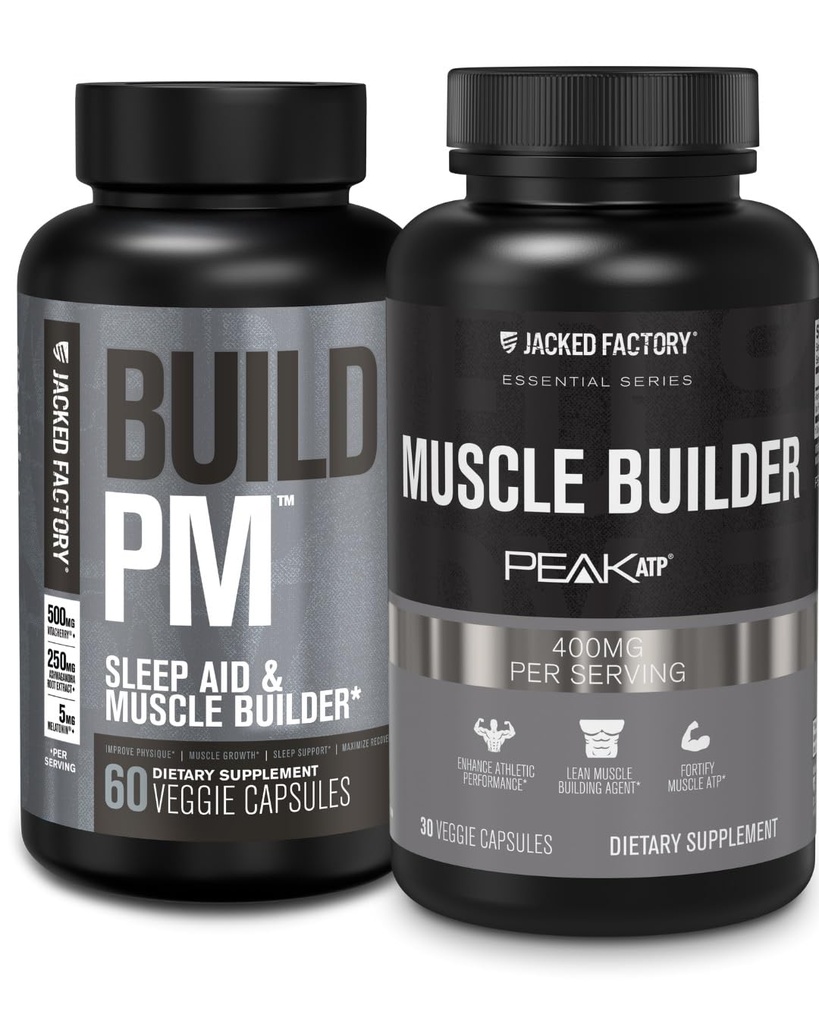 Jacked Factory Build PM Night Time Muscle Builder & Sleep Aid (60 κάψουλες) & Essentials Muscle Builder - Daily Strength Builder for Men with Peak ATP (30 κάψουλες)