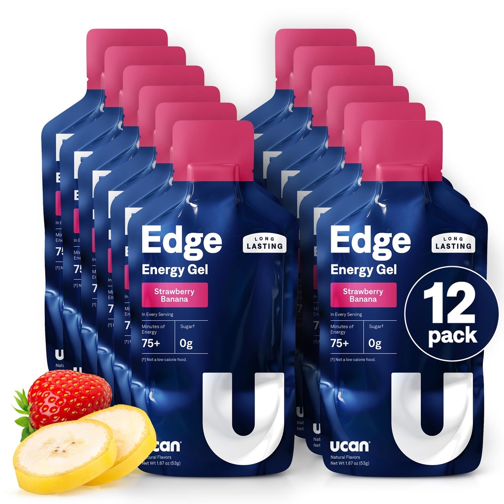 UCAN Edge Energy Gel Shots, Μπανάνα φράουλα (12, 2 πακέτα ουγγιάς) για τρέξιμο, εκπαίδευση, προπονήσεις, καταλληλότητα, ποδηλασία, Crossfit 