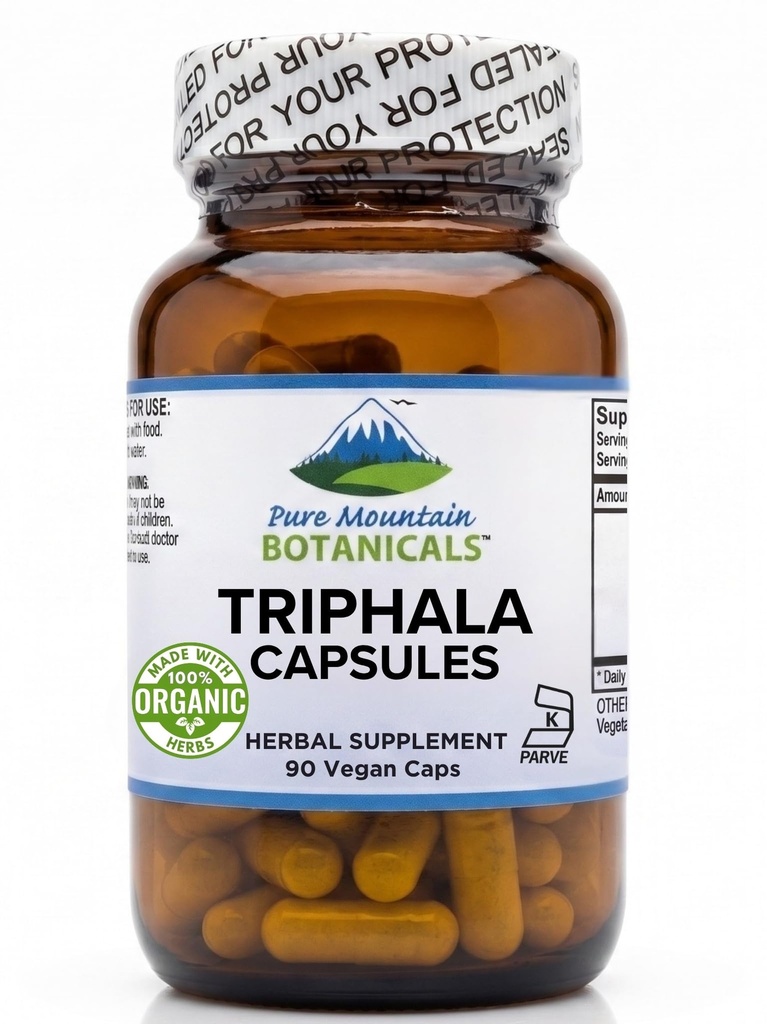 Pure Mountain Botanicals Triphala Κάψουλες 90 Kosher Vegan Caps Τώρα με 500mg οργανικό μείγμα της Amla ινδική φρούτα