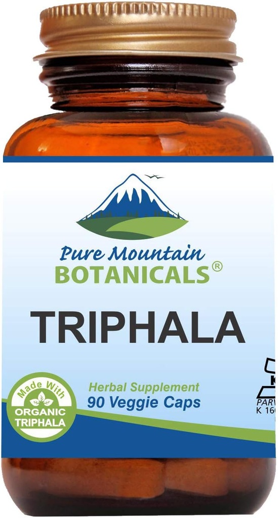 Pure Mountain Botanicals Triphala Capsules 90 Kosher Vegan Caps Now with 500mg Organic Blend of Amla Indian Fruit
