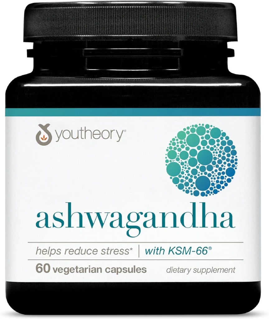 Youtheory Ashwagandha - 1.000 mg - Ενέργεια, ύπνος, άγχος και κορτιζόλη συμπλήρωμα υποστήριξης - Προσαρμοσμένη βοτανική ανάμειξη με οργανική KSM-66 Ashwagandha & Ginger - 60 κάψουλες χορτοφάγων (30-ημέρα προμήθεια)