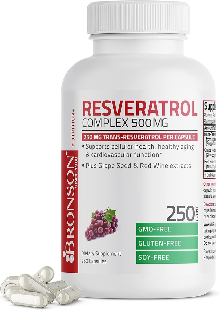 Bronson Resveratrol 500 Complex Standardized Trans-Resveratrol + Σπόροι σταφυλιών & εκχύλισμα ερυθρού κρασιού, 250 κάψουλες