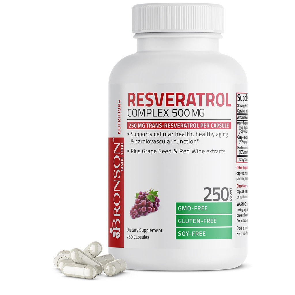 Bronson Resveratrol 500 Complex Standardized Trans-Resveratrol + Σπόροι σταφυλιών & εκχύλισμα ερυθρού κρασιού, 250 κάψουλες