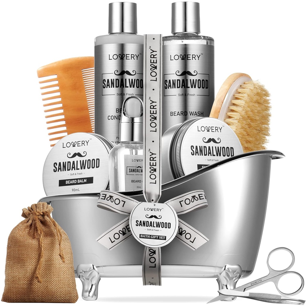 Ανδρικά δώρα, Sandalwood Beard Grooming Kit, Mens Grooming Kit για Boyfriend Μπαμπάς, Αυτόν, 11pc Γυμνός Ευθυγραμμιστής για τους άνδρες φροντίδας γεννετικών, ανάπτυξη γενειάδας και trimming δώρο, Γενεαλογικό πετρέλαιο ανάπτυξης πλύσης & More