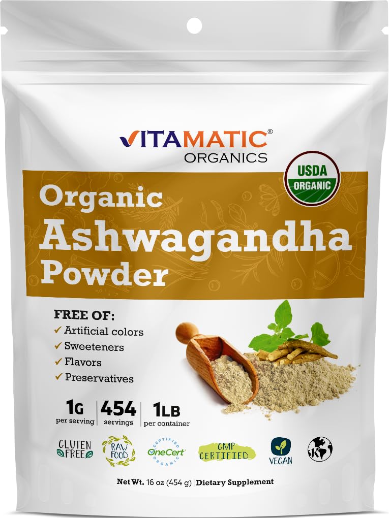 Vitamatic Certified USDA Organic Ashwagandha Powder – 1 lb (16 oz) Withania Somnifera 