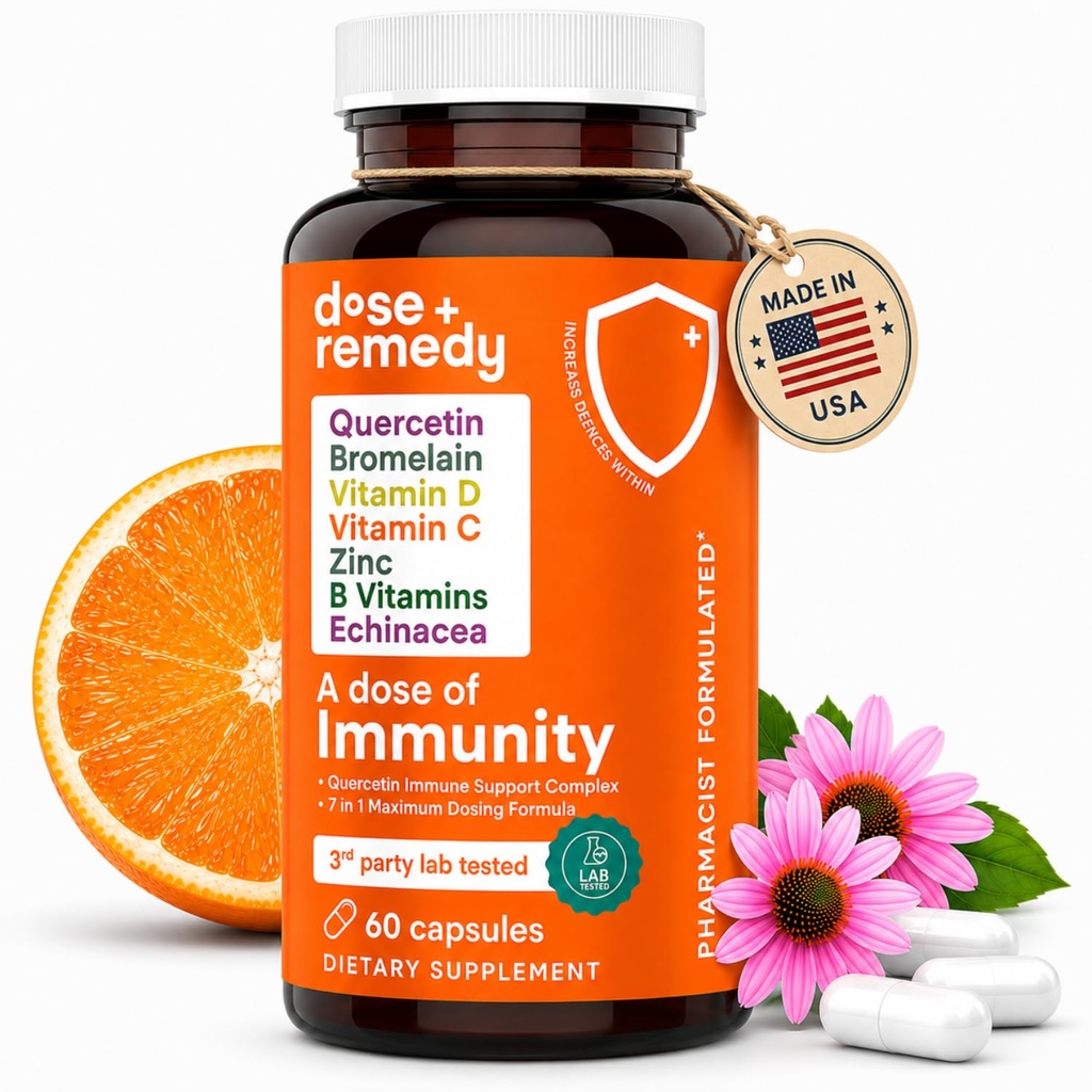 A Dose of Immunity - 7 in 1 Quercetin 500mg Supplement with Bromelain, Zinc, Vitamin C, Vitamin D & Vitamin B Complex Echinacea Immune Support Booster Supplements - 60 Count