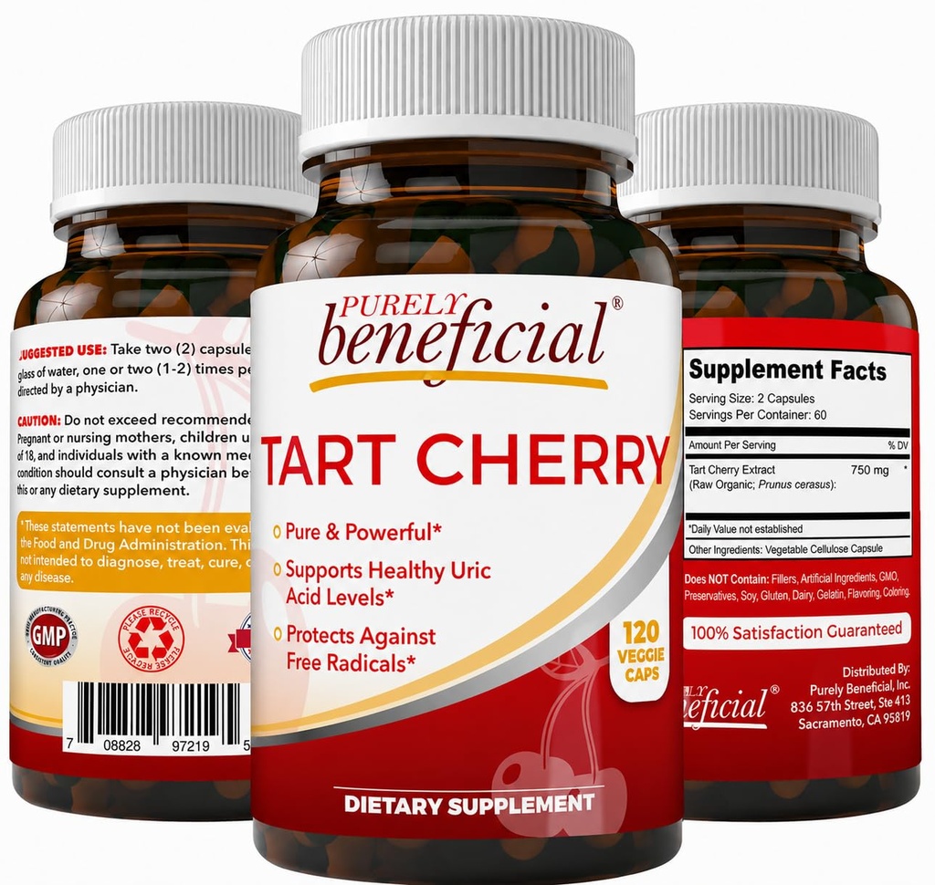 PURELY ευεργετικές κάψουλες από πίσσα κεράσι 6000 mg, Extra Strength Montmorency Tart Cherry Extra Extract, Uric Acid Flush για κοινή άνεση, αντιοξειδωτικό & ανοσοποιητική υποστήριξη, μη-GMO, Χωρίς γλουτένη, 120 Count