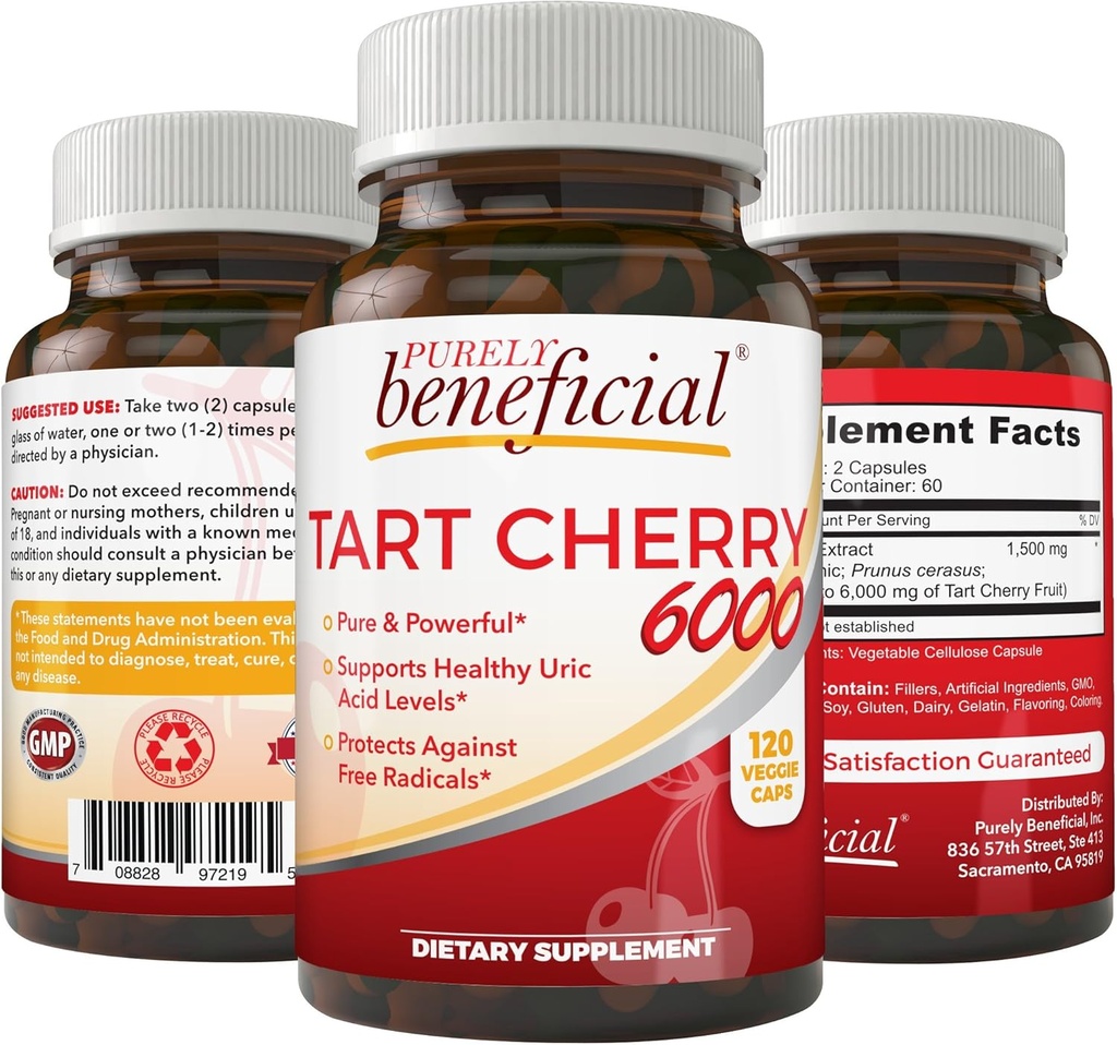 PURELY beneficial Tart Cherry Capsules 6000 mg, Extra Strength Montmorency Tart Cherry Extract, Uric Acid Flush for Joint Comfort, Antioxidant & Immune Support, Non-GMO, Gluten Free, 120 Count