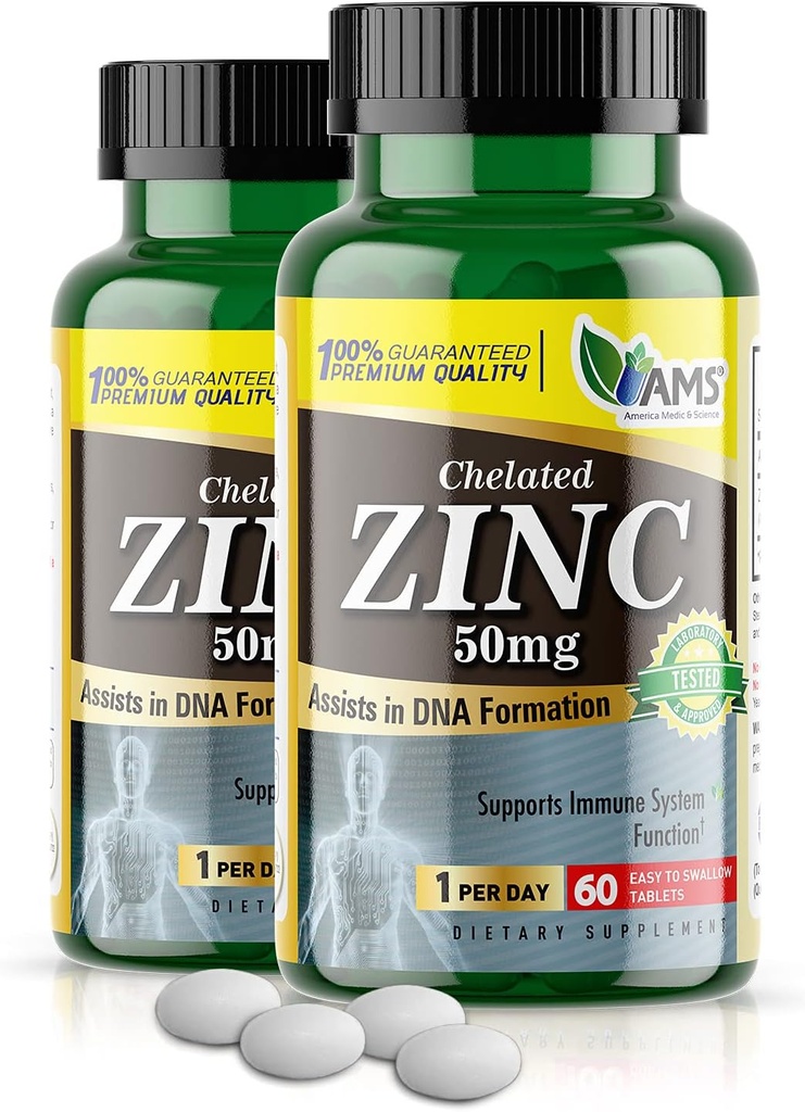 America Medic & Science Chelated Zinc 50 mg Συμπληρώματα (2 Pack of 60 Tablets) ανοσοενισχυτικό ενισχυτικό και ισχυρό αντιοξειδωτικό χάπια για ενήλικες άνδρες και γυναίκες 