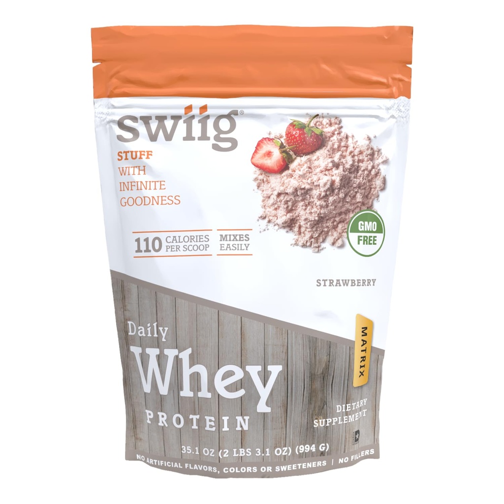 Swiig Premium Daily Whey Protein Matrix Strawberry 2.2 lb – 20g Πρωτεΐνες Χωρίς Γλουτένη Χωρίς ΓΤΟ Δεν Γέμισμα Τεχνητές Γεύσεις Ενισχυμένες με Αμινοξέα για την αποκατάσταση των μυών Όλα φυσικά Formula