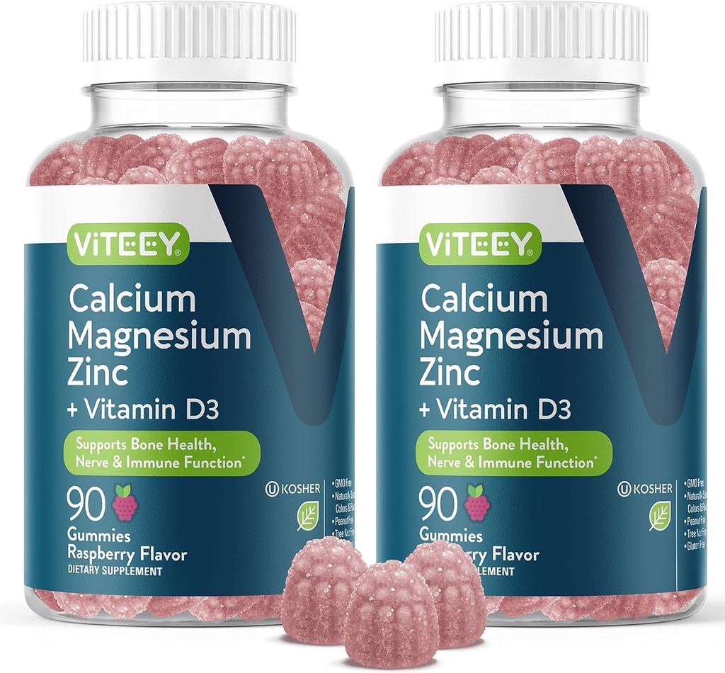 Viteey Μαγνήσιο Μαγνήσιο ψευδάργυρου Gummies με βιταμίνη D3 - Υποστηρίζει την υγεία των οστών, νεύρο & ανοσοποιητική λειτουργία - ασβέστιο Μαγνήσιο ψευδάργυρο D3 για ενήλικες & εφήβους - GMO Δωρεάν - Μασώμενα Βατόμουρο Γεύση Gummy