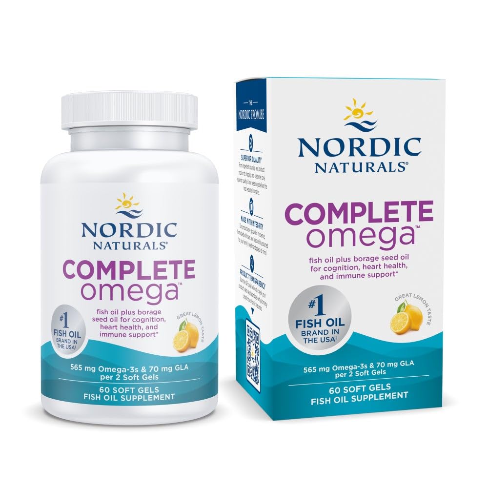 Nordic Naturals Complete Omega, Lemon Flavor - 60 Soft Gels - 565 mg Omega-3 - EPA & DHA με Προστιθέμενη GLA - Υγιεινή επιδερμίδα, Γνωστική, Θετική διάθεση - Μη ΓΤΟ - 30 Υπηρεσίες