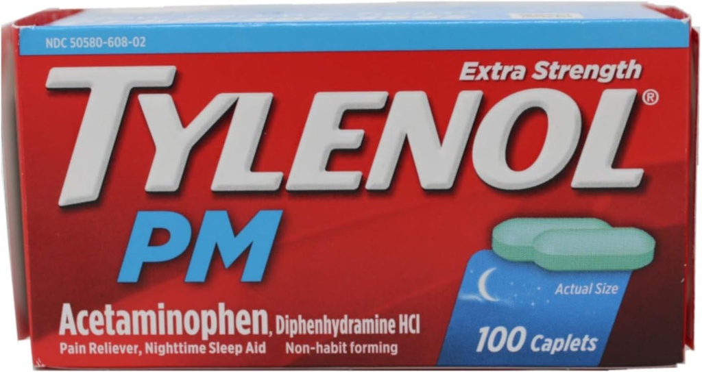 TYLENOL PM Επιπλέον δύναμη του πόνου Reliever / Nighttime Βοήθεια ύπνου Caplets 100 ea