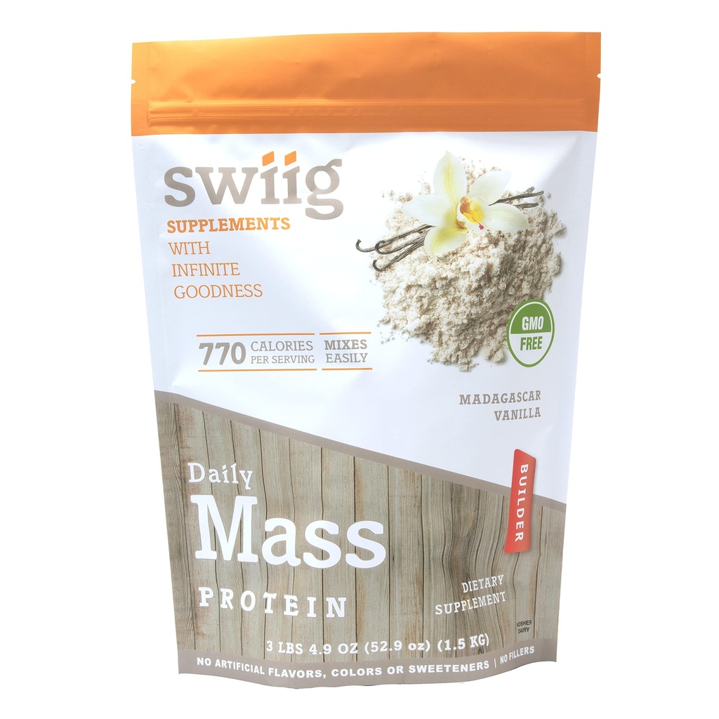 Swiig Mass Builder Protein Powder, Μαδαγασκάρη Βανίλια, Χωρίς ΓΤΟ συστατικά, Χωρίς τεχνητές γεύσεις, χρώματα ή γλυκαντικά, Χωρίς πληρωτικά, 3.3 Pound τσάντα