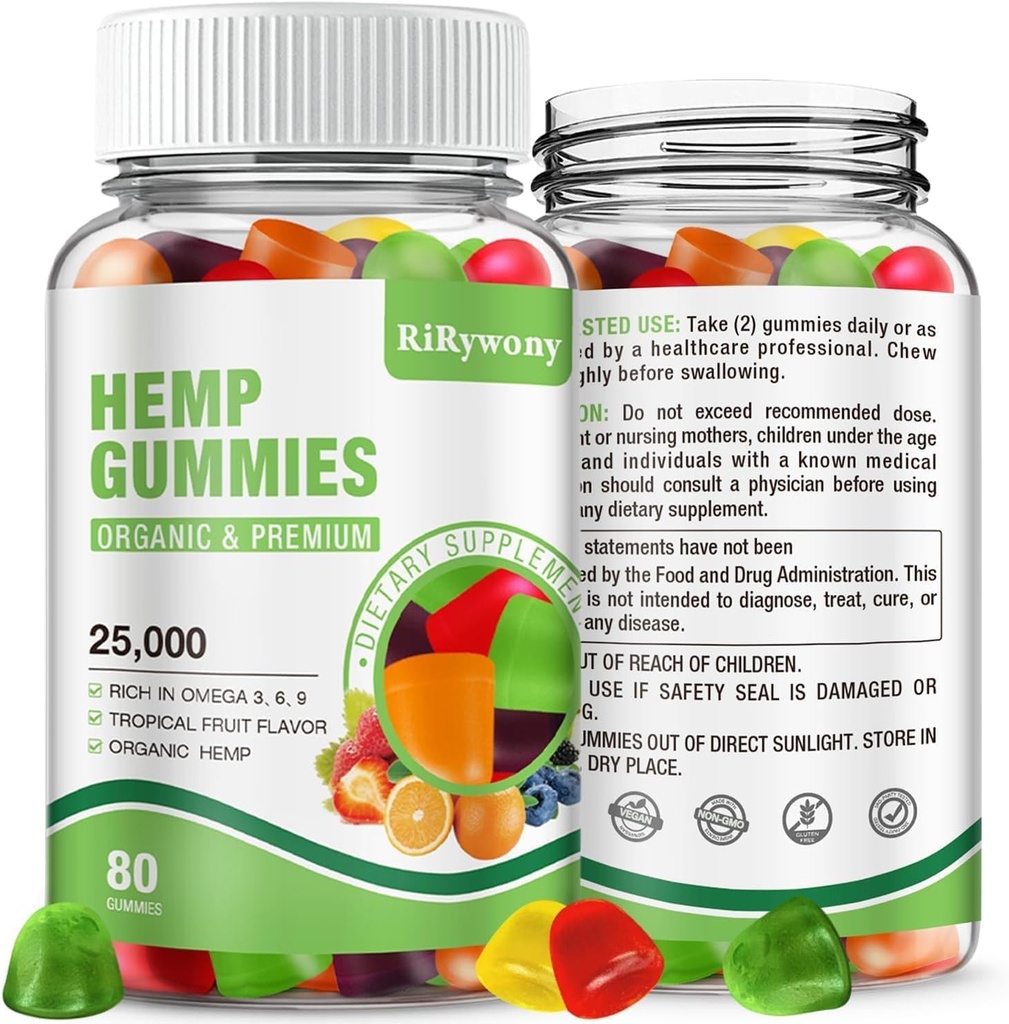 RiRywony Hemp Gummies 1 Pack - Επιπλέον δύναμη Φυσικό έλαιο κάνναβης Φρουτώδη βρώσιμα Vegan Gummy - Βιολογικό συμπλήρωμα υψηλής ισχύος για μη-GMO χαμηλή ζάχαρη - 80 κόμης
