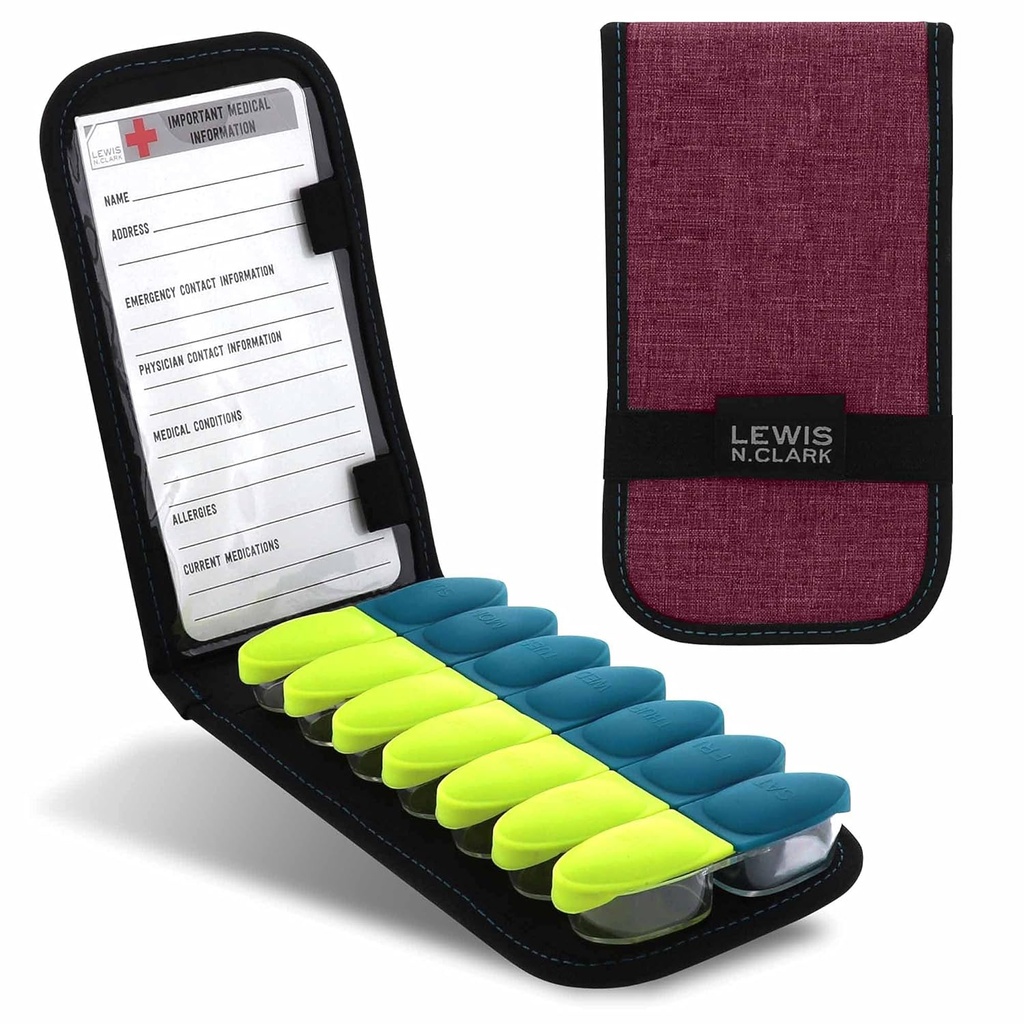 Lewis N. Clark Magnetic Folding Pill Organizer Συμπληρωματική περίπτωση για την εξωχρηματιστηριακή ιατρική, Συνταγογράφηση Βιταμίνες-14 Slots, Βουργουνδία