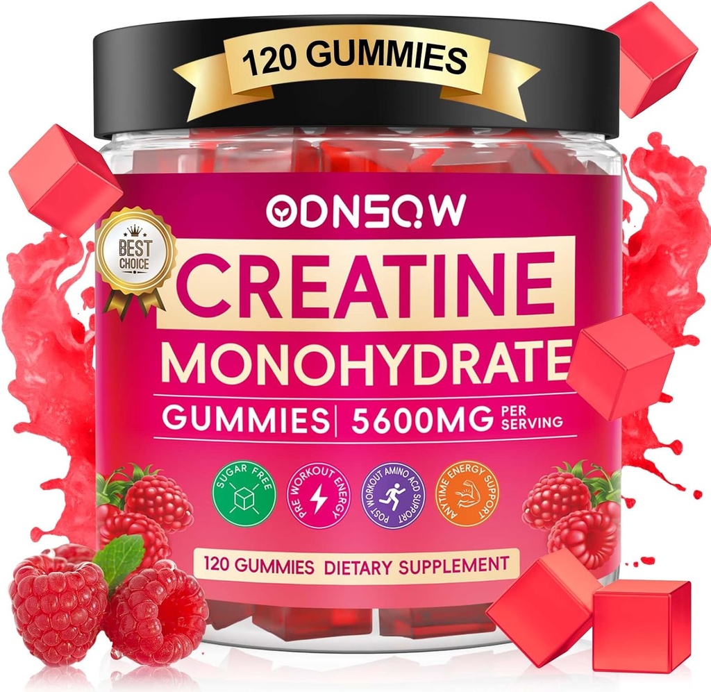 Creatine Monohydrate Gummies for Men & Women 120 CT - 5600mg Creatine Monohydrate per Serving - Vegan, Sugar Free Chewable Creatine Monohydrate for Muscle Strength, Energy Boost (Raspberry Flavor)