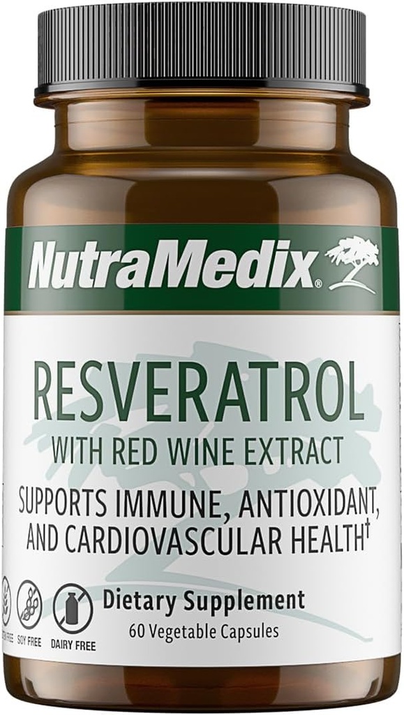 NutraMedix Resveratrol Κάψουλες - Βιοδιαθέσιμα αντιοξειδωτικά συμπλήρωμα από εκχύλισμα ερυθρού κρασιού + δέρματα σταφυλόκοκκου - 200mg Ιαπωνικό Knotweed για ανοσοποιητική και καρδιοαγγειακή υποστήριξη (60 κάψουλες)