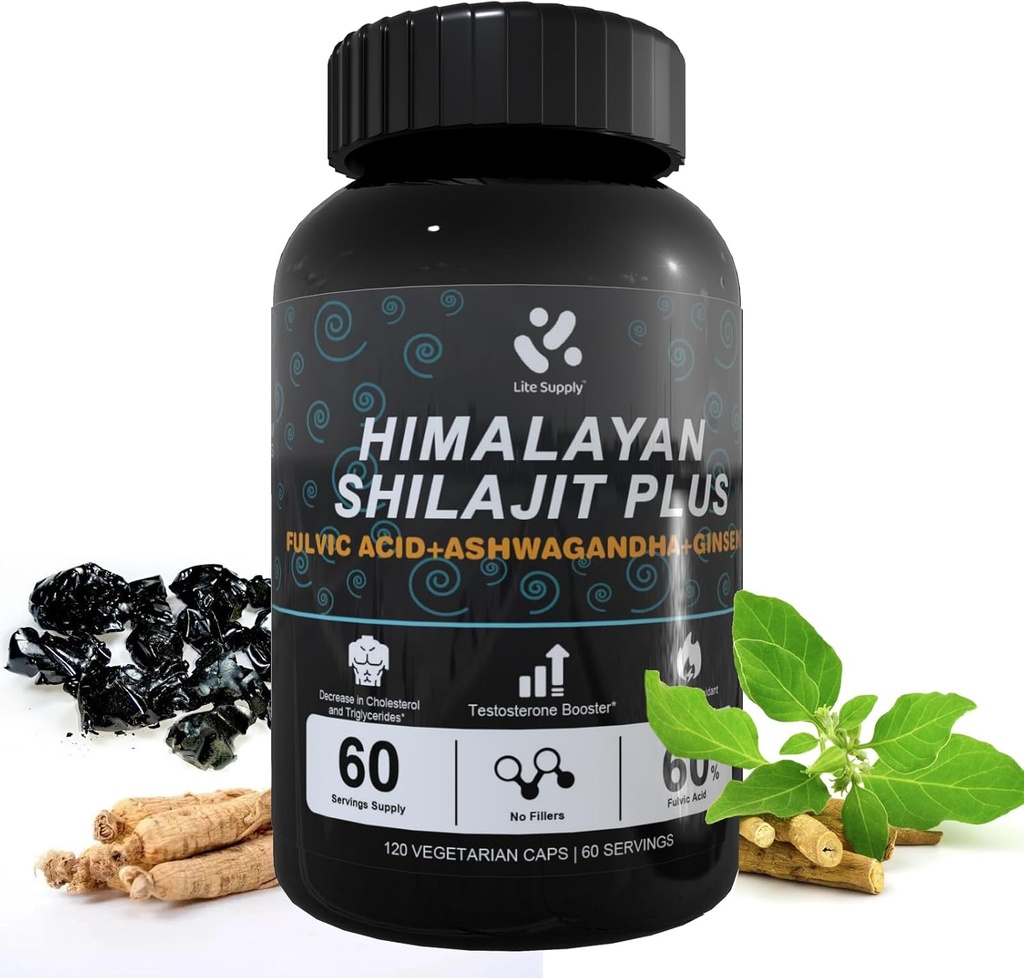 Shilajit συμπλήρωμα Ιμαλαΐων 60% Fulvic Acid, 120 κάψουλες Vegan προμήθεια με καθαρό φυσικό Shilajit, Ashwagandha, εκχύλισμα Ginseng - υψηλή σε μέταλλα για άνδρες ενεργειακή υποστήριξη